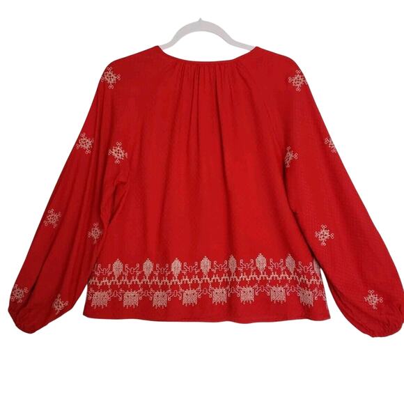 KNOX ROSE SIZE XS (oversized) Cross-stitched EMBROIDERED Red Boho 3/4 Sleeve Top - Picture 2 of 11
